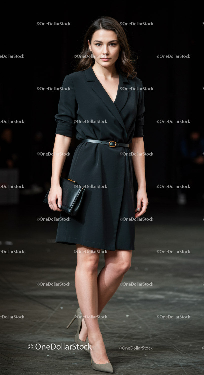 Elegant Black Dress and Clutch Bag on Fashion Model Catwalk
