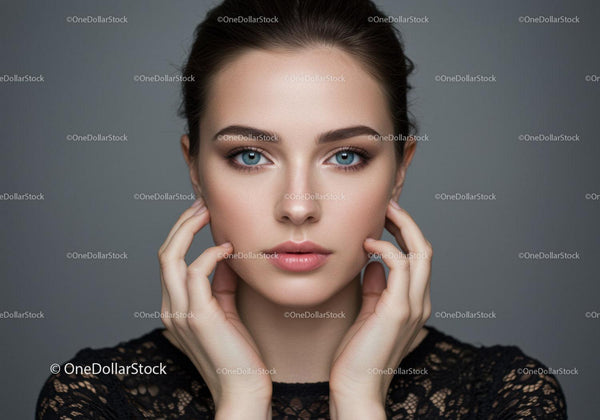 Elegancki Portret Kobiety z Jasnoniebieskimi Oczami i Nieskazitelną Cerą