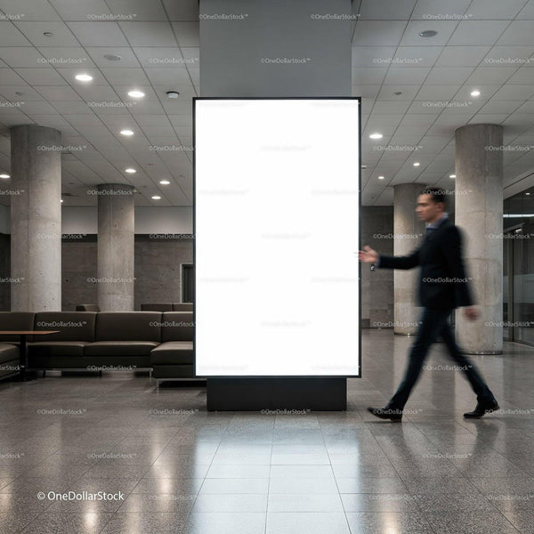 Businessman Walking Past Illuminated Advertising Panel Indoors JPG Mockup Image