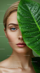 Portrait of a Woman with Blue Eyes Half Hidden Behind a Dewy Green Leaf