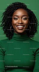 Vibrant Smiling Woman in Green Turtleneck with Curly Hair