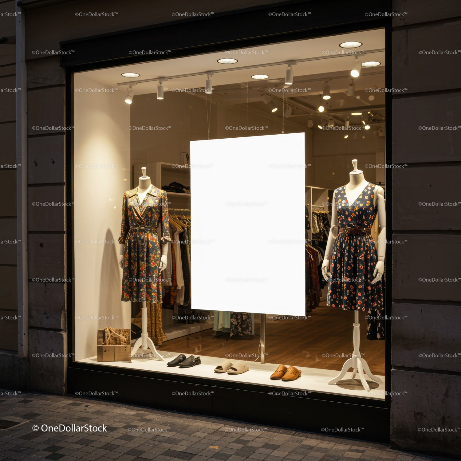 Elegant floral dresses displayed in boutique window at night