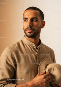 Portrait of a Confident Man in Beige Shirt Holding a Hat for Fashion