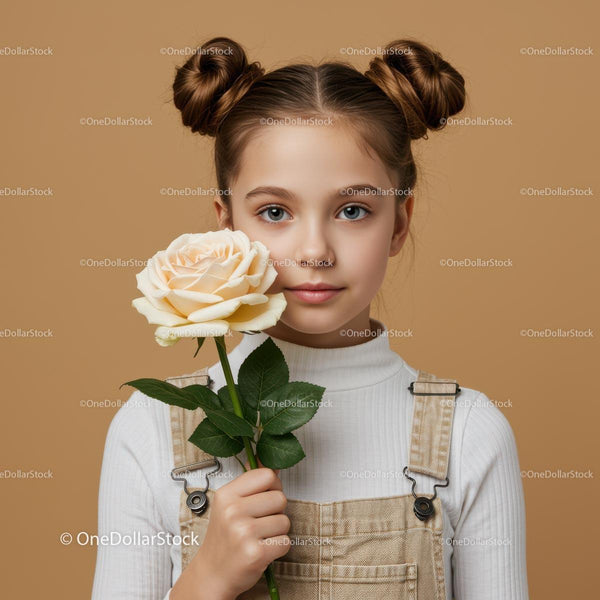 Young Girl Holding White Rose Flower in Soft Portrait