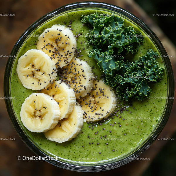 Green Banana and Kale Smoothie with Chia Seeds and Fresh Fruit