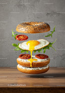 Deconstructed bagel with fried egg and sun-dried tomatoes