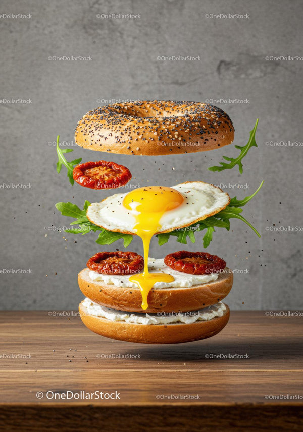 Deconstructed bagel with fried egg and sun-dried tomatoes