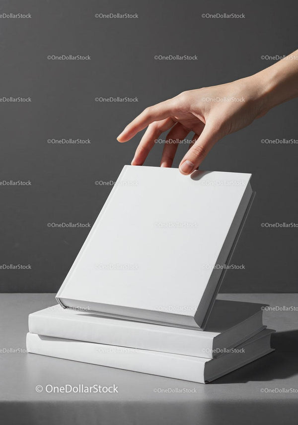 Hand picking a white book from stacked hardcover books JPG Mockup Image