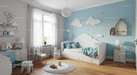 Charming Children's Nursery with Blue Cloud Wall Art and Playful Decor