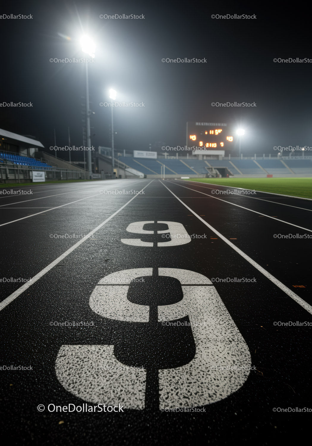 Empty Running Track Lane Nine on Rainy Night