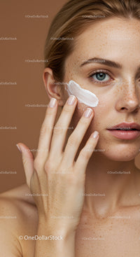 Close-Up of Woman Applying Facial Cream with Healthy Skin and Freckles