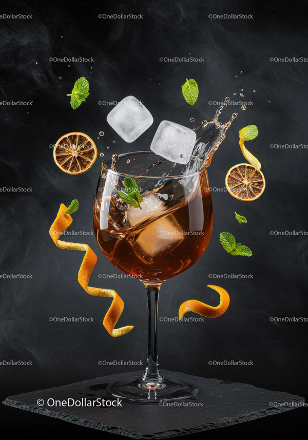 Refreshing cocktail with ice and citrus zest splash