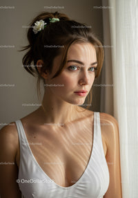 Close-Up of a Young Woman with Red Hair and Blue Eyes by a Sunlit Window