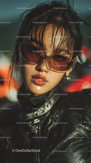 Confident Female Rider in Sunglasses with Motorcycle Gear