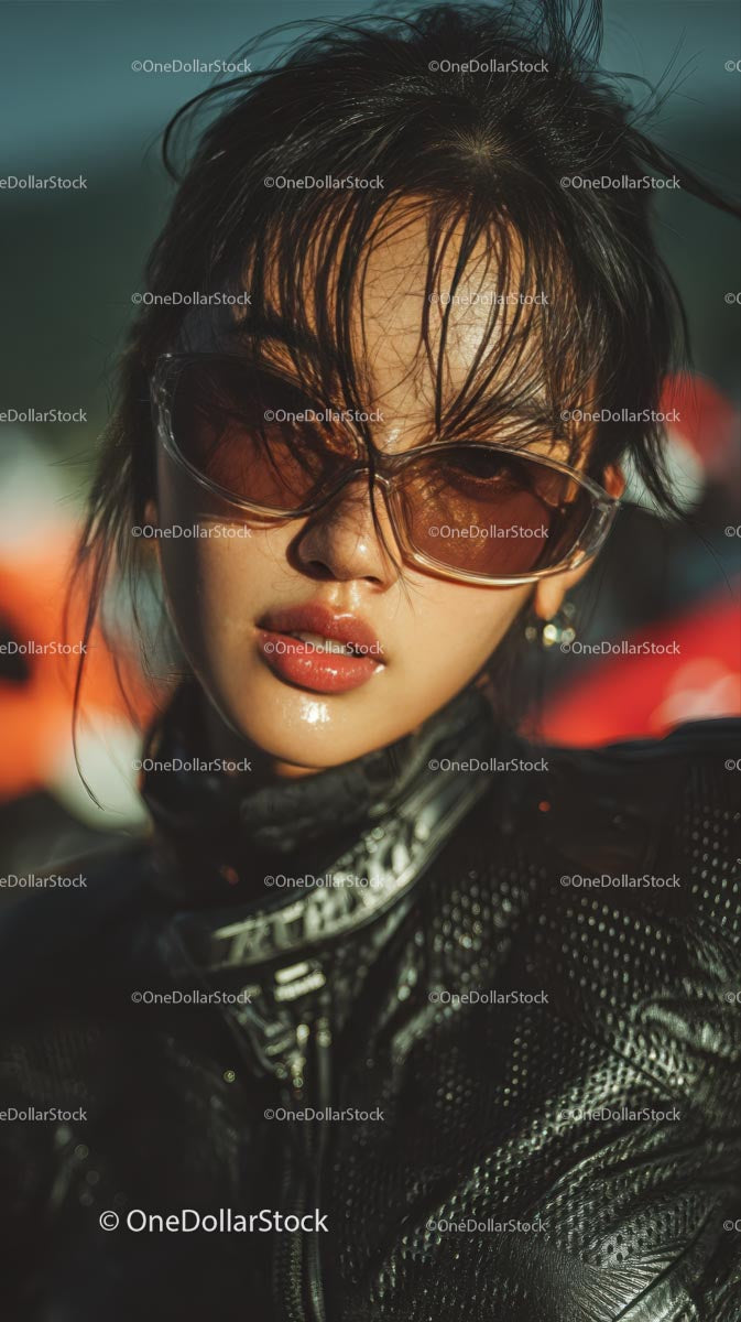 Confident Female Rider in Sunglasses with Motorcycle Gear