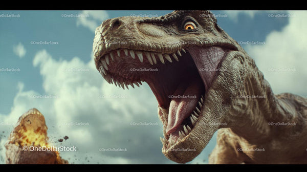 Drapieżny T-Rex ryczący z otwartą paszczą w prehistorycznej scenerii