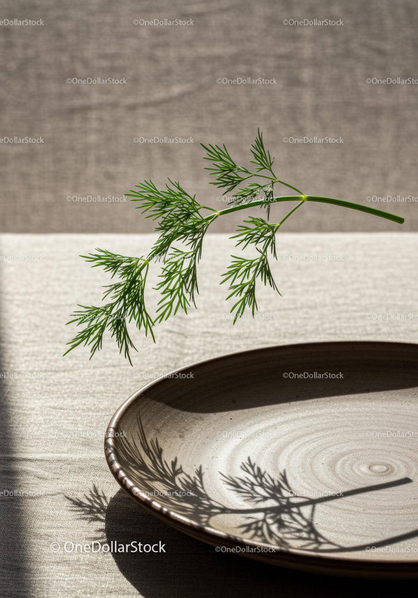 Fresh dill sprig casting shadow on ceramic plate