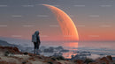 Astronaut Exploring a Surreal Alien Landscape with a Giant Orange Planet