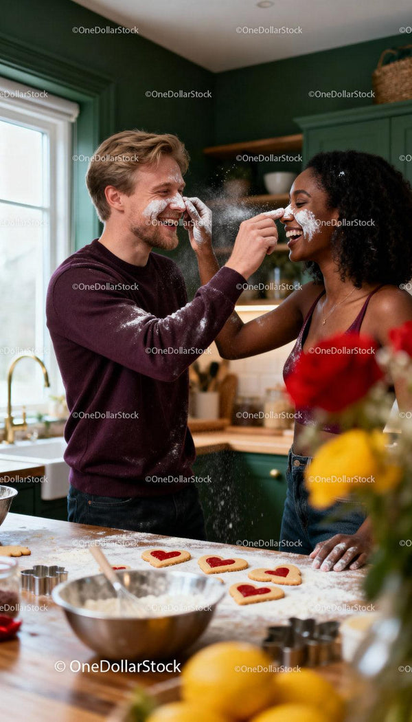 Couple Playfully Baking Heart-Shaped Cookies Together