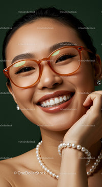 Smiling woman with pearl jewelry and stylish glasses