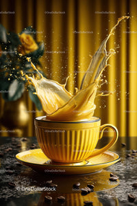 Yellow Coffee Mug with Splashing Coffee and Beans for Commercial Use