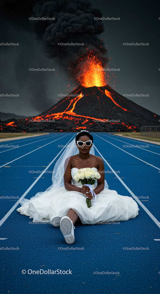 Bride in Wedding Dress Amidst Erupting Volcano