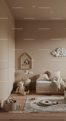 Minimalist Children's Bedroom with Toy Plush Teddy Bear and Cloud Decor