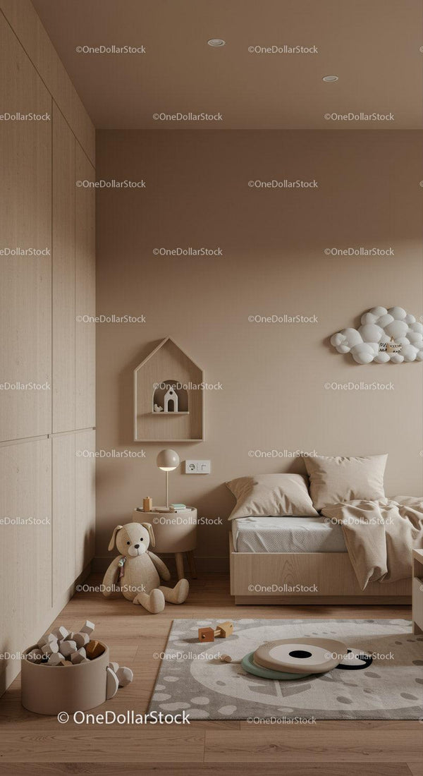 Minimalist Children's Bedroom with Toy Plush Teddy Bear and Cloud Decor