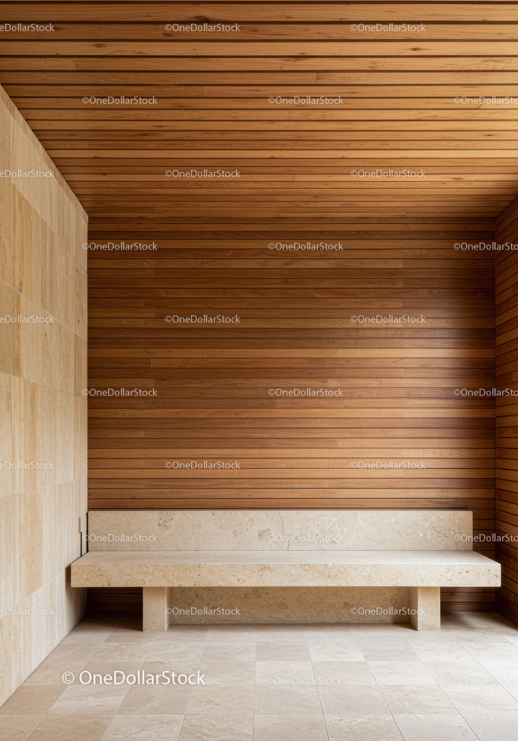 Contemporary Indoor Seating Area with Wooden Wall Panels and Stone Bench