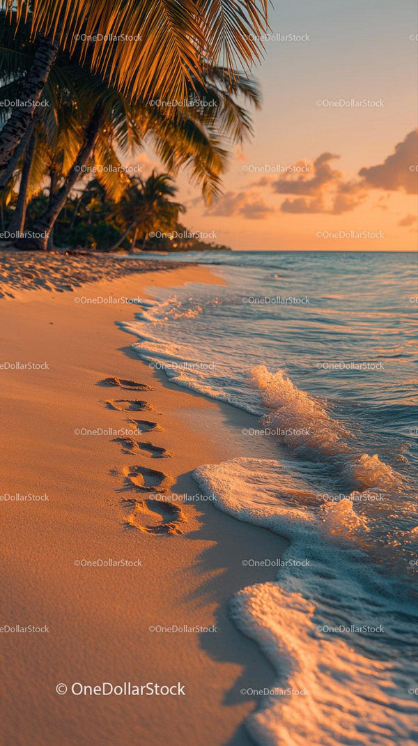 Sunset Over Tropical Beach with Palm Trees and Clear Ocean Water Stock Photo Bundle (25 JPG Files)