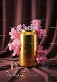 Golden can with ice and pink smoke on fabric drape