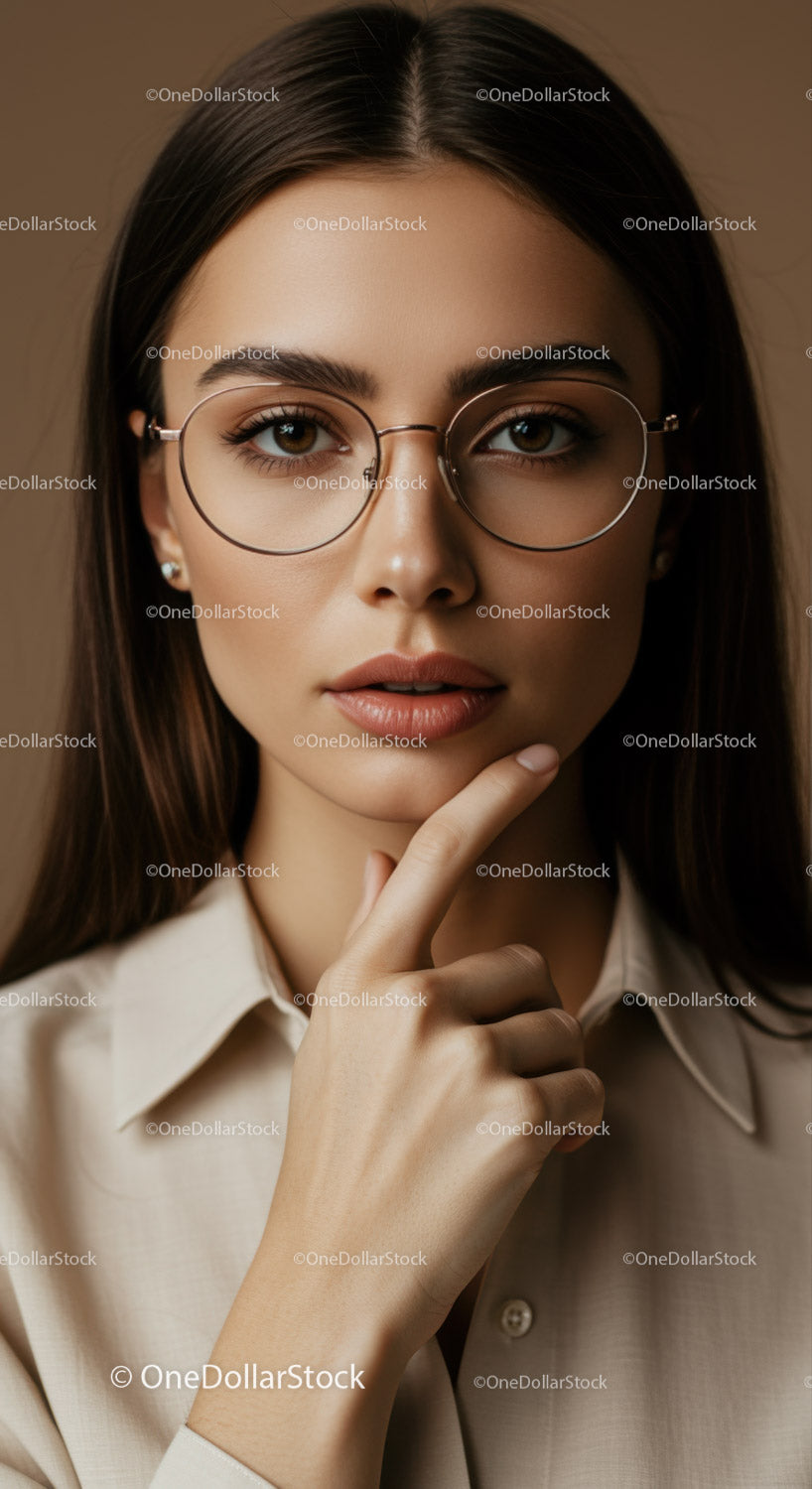 Elegant Young Woman with Glasses in Professional Indoor Setting