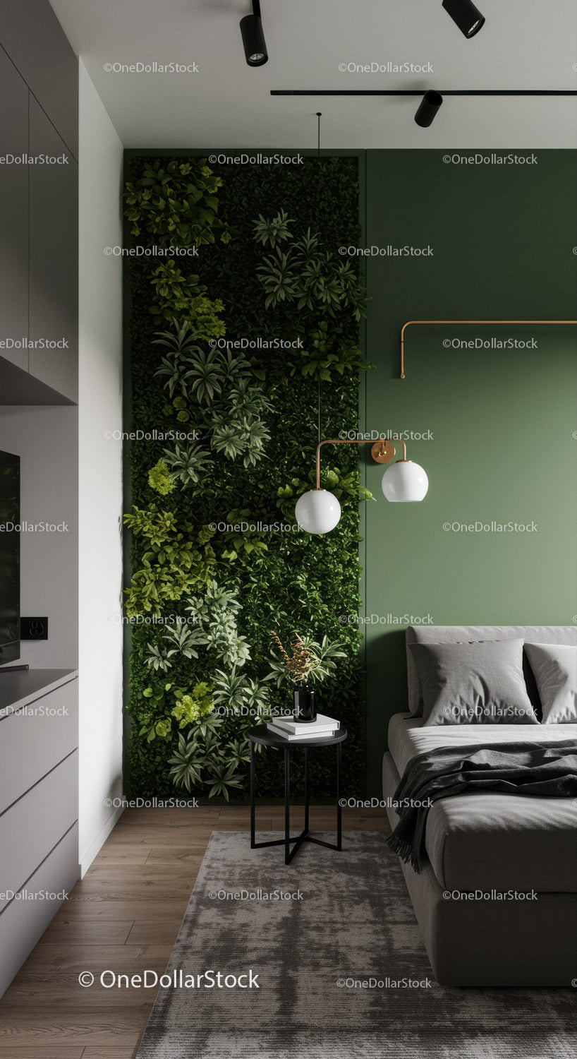 Modern Living Room with Green Plant Wall and Cozy Decor