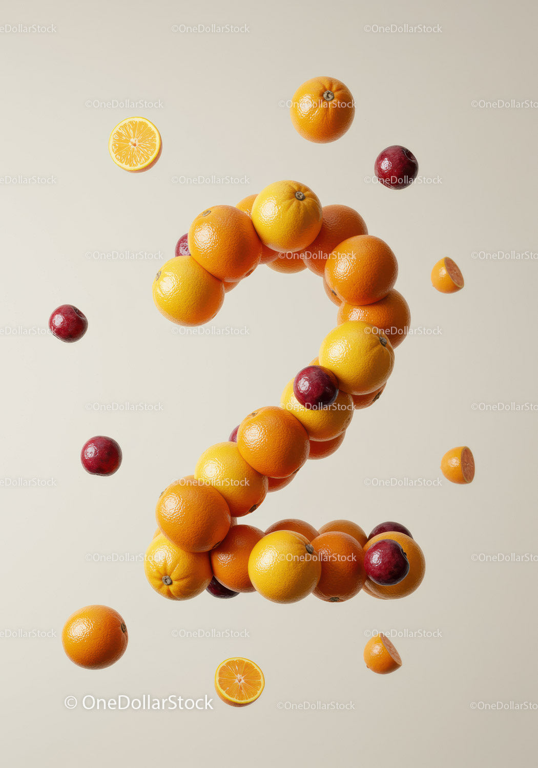 Fresh oranges and plums shaped into number two