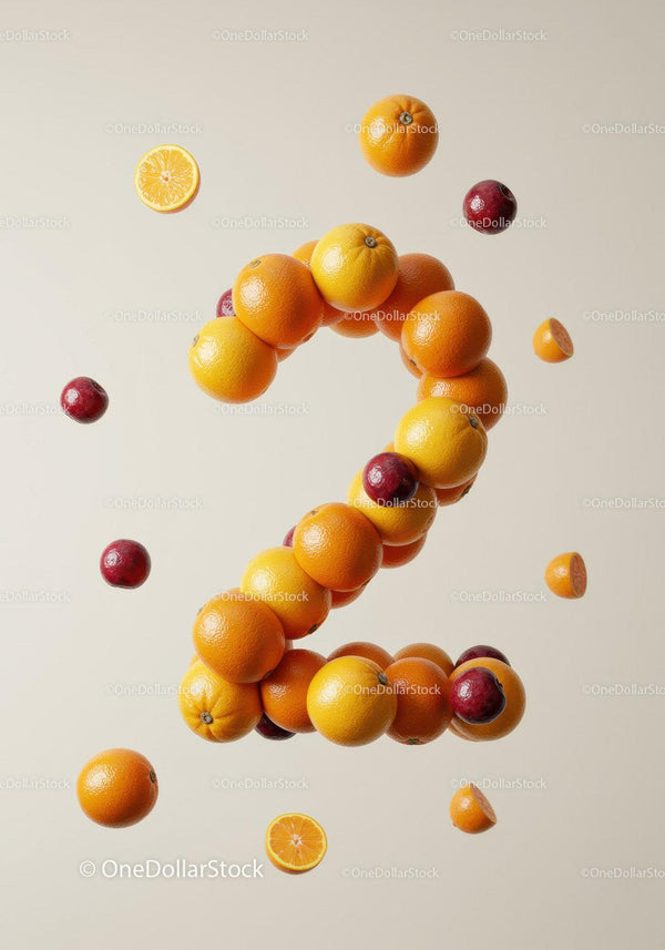 Fresh oranges and plums shaped into number two
