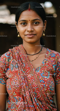Cultural Woman in Traditional Sari with Jewelry in Warm Outdoor Setting