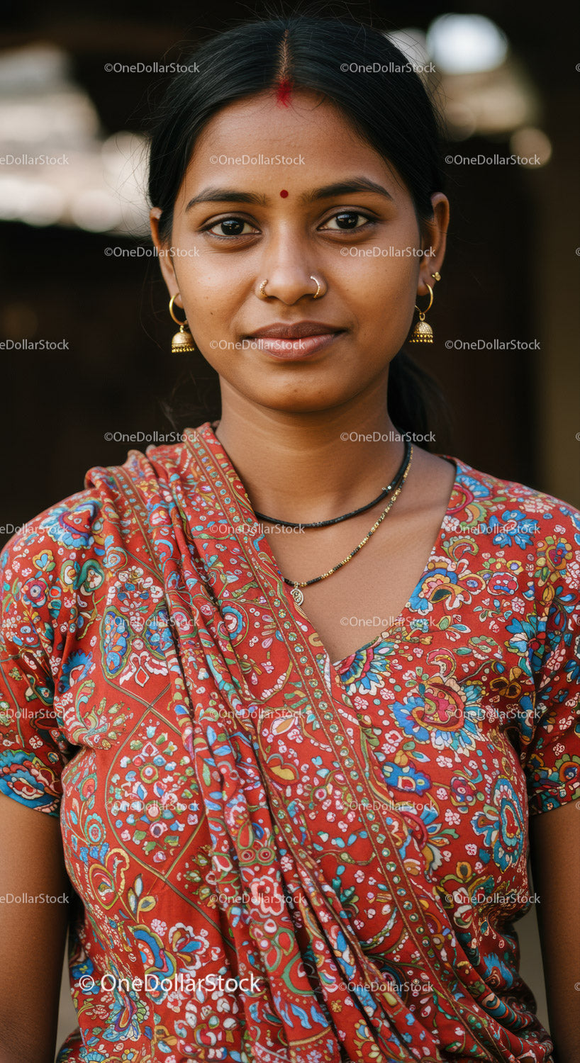 Cultural Woman in Traditional Sari with Jewelry in Warm Outdoor Setting