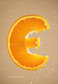 Fresh orange slice with Euro symbol shape and water drops