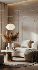 Cozy beige living room with modern decor and pampas grass