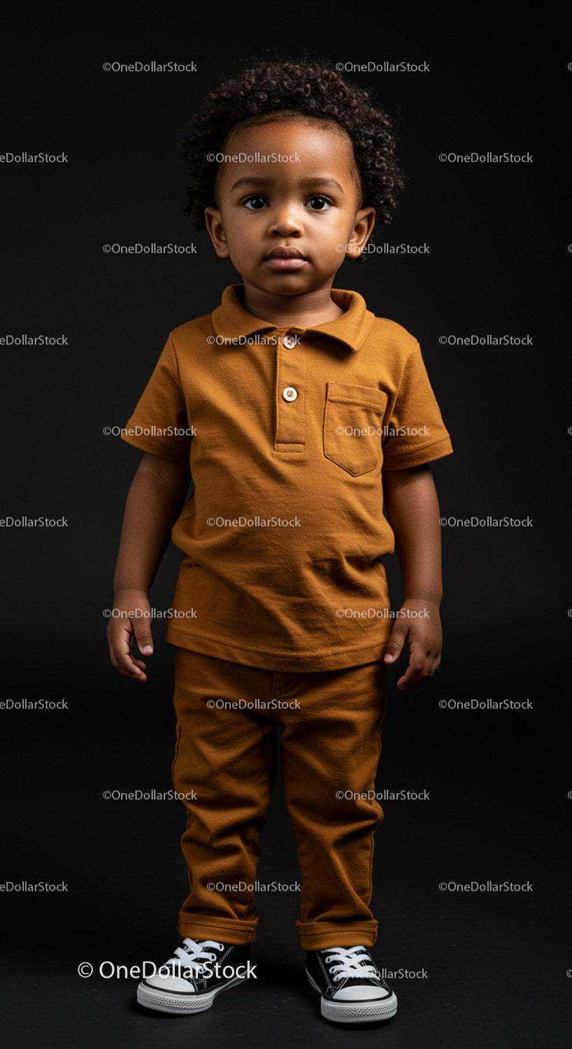 Child wearing brown casual outfit against black background