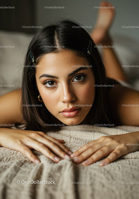 Portrait of a Young Woman Lying on Bed with Brown Eyes and Soft Lighting