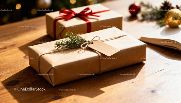Simple eco friendly wrapped Christmas presents with pine sprigs