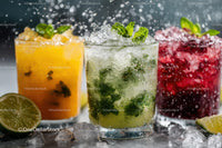 Colorful Fruit Cocktails with Mint and Lime on Ice