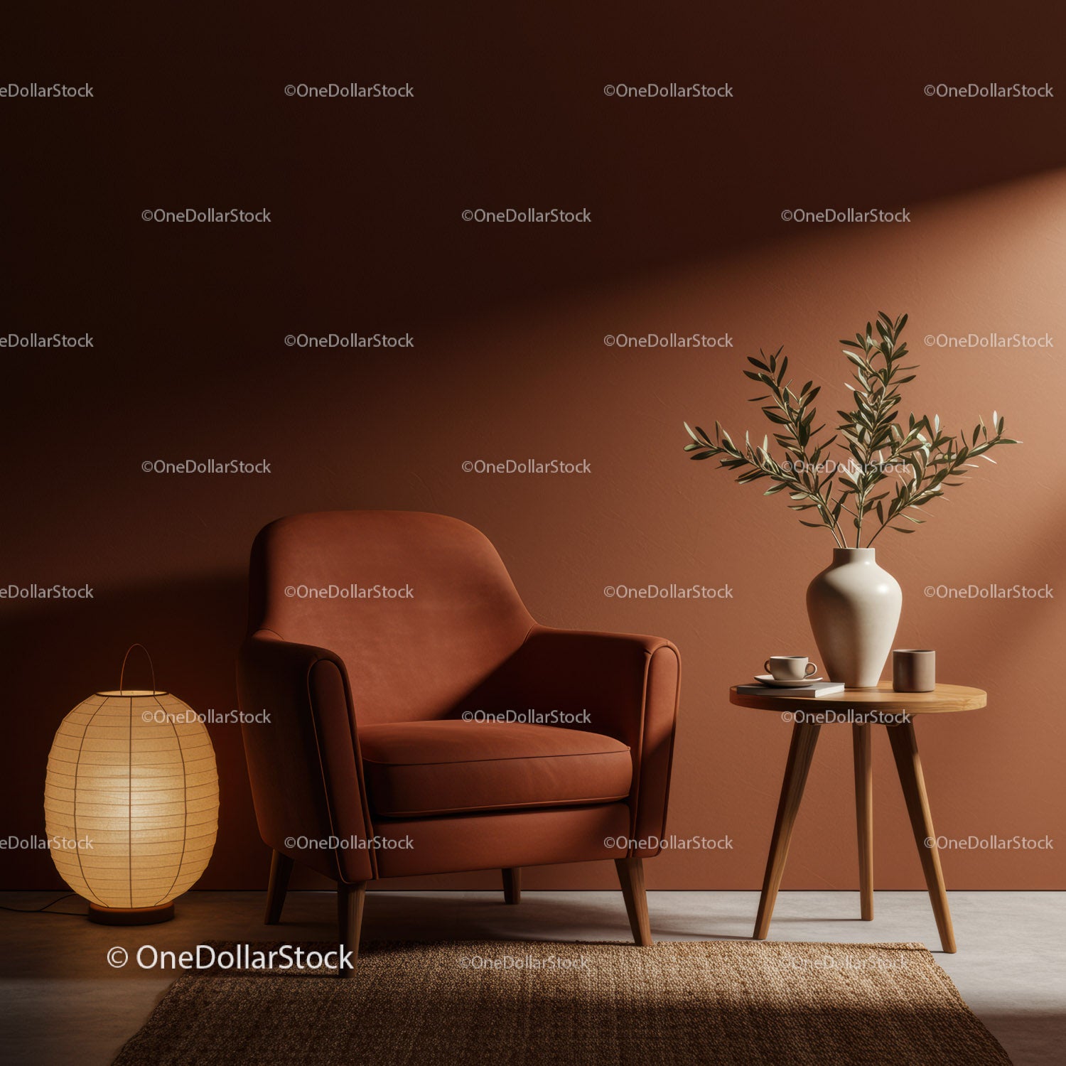 Cozy leather armchair with minimalist side table and lamp