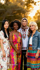 Diverse women united outdoors in warm sunset light