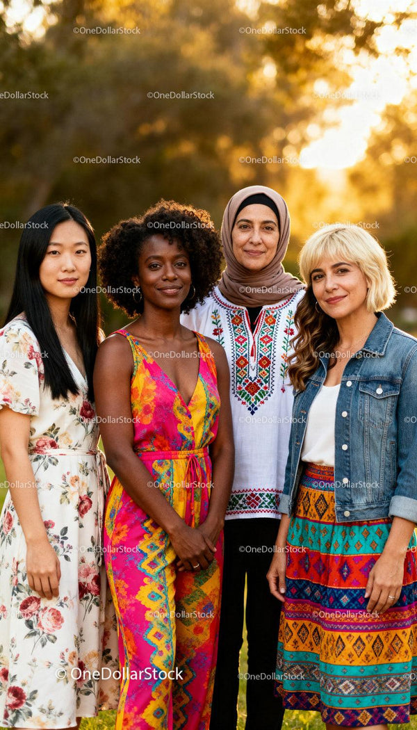 Diverse women united outdoors in warm sunset light