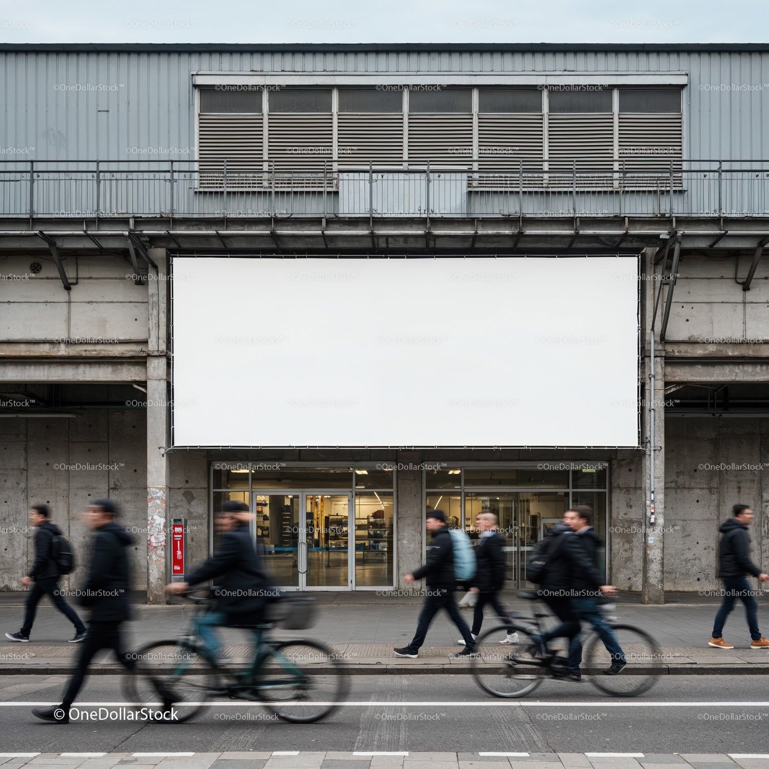 Urban Commuters Passing Large Blank Billboard in City