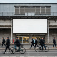 Urban Commuters Passing Large Blank Billboard in City