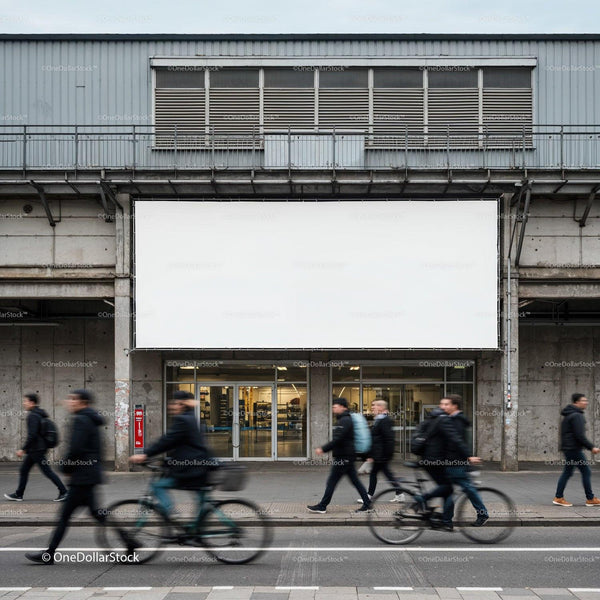 Urban Commuters Passing Large Blank Billboard in City JPG Mockup Image