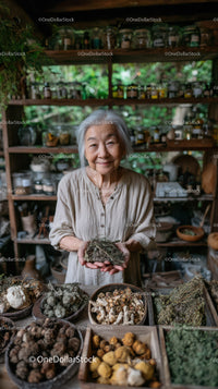 Elderly Woman Holding Herbal Roots in Herbal Shop with Green Foliage
